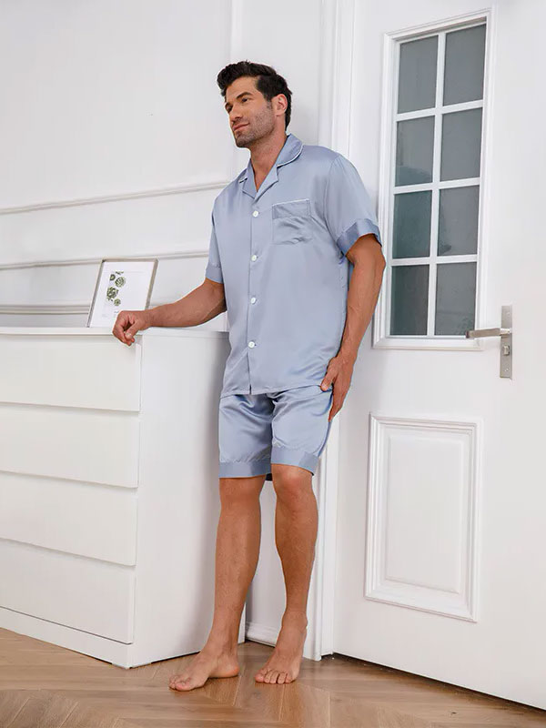 Pyjama Short Pour Homme En Satin Bleu Ciel "Calme Nocturne" | Pyjama Shop