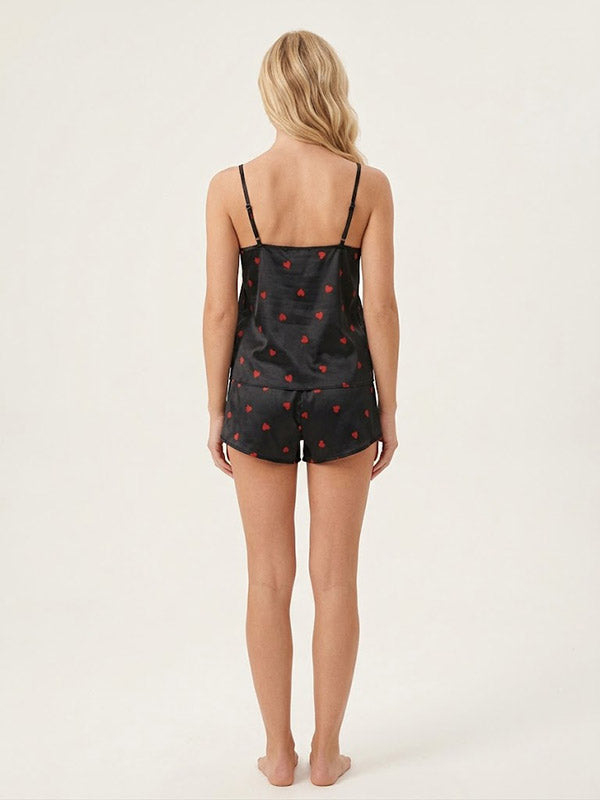 Pyjama En Satin Noir à Cœur Rouge Pour Femme "Étreinte de Rêve" | Pyjama Shop