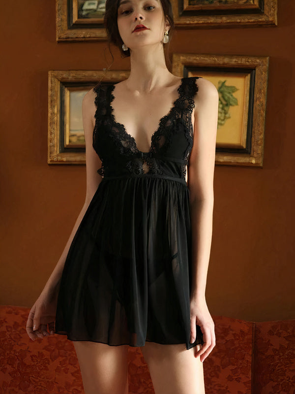 Nuisette en Satin Dentelle Transparente pour Femme