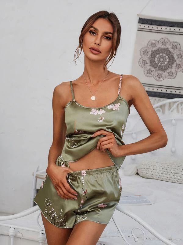 Pyjama en Satin à Imprimé Fleurs Haut Caraco + Short "Vert" | Pyjama Shop​