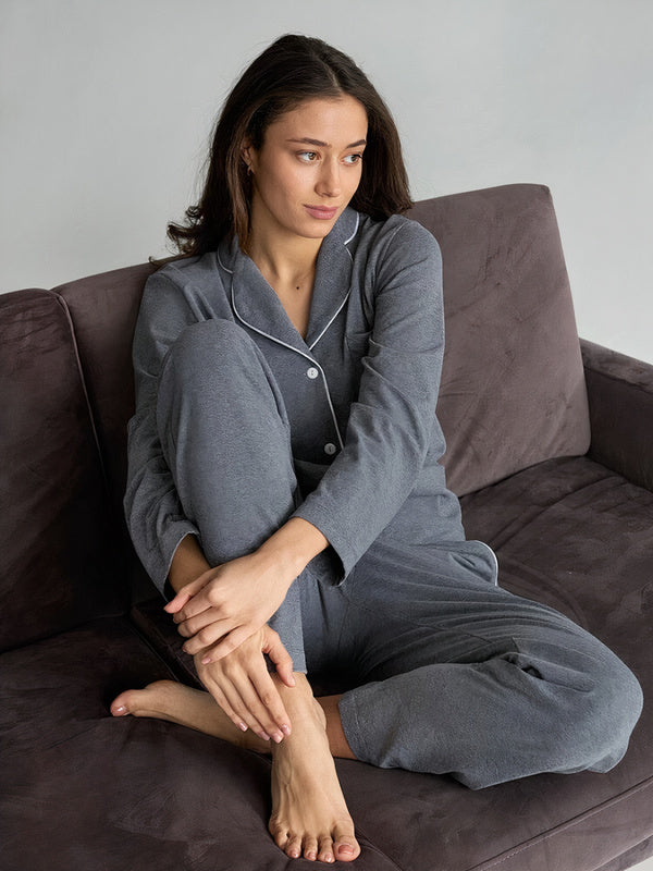 Pyjama en Jersey Top Boutonné à Manches longues et Pantalon "Gris" | Pyjama Shop