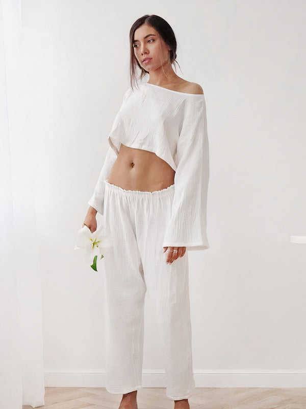 Pyjama pour femme deux pièces crop top manches longues + pantalon "Blanc" | Pyjama Shop