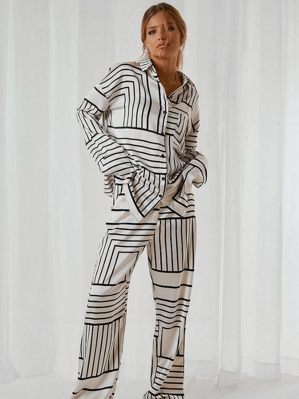 Pyjama Femme en Satin à Imprimé Géométrique "Blanc" | Pyjama Shop