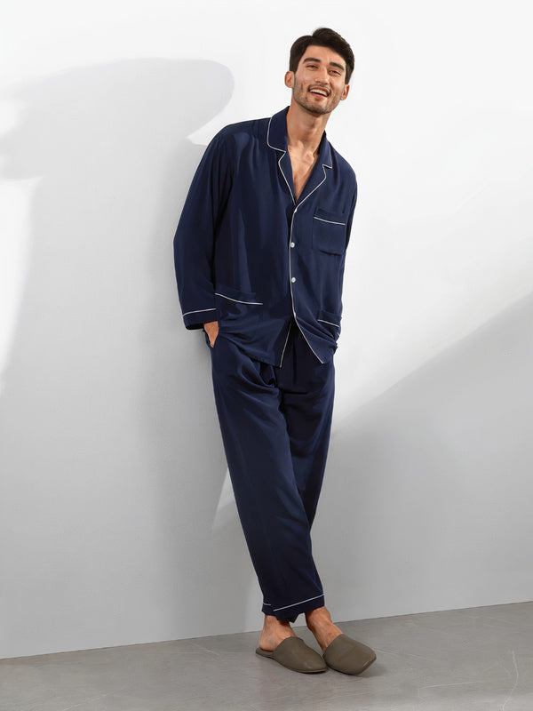 Pyjama En Soie Avec Col À Revers pour Homme "Bleu Marine" | Pyjama Shop