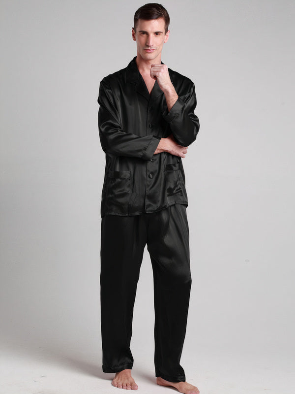 Pyjama en Soie pour Homme Longue Bordure Contraste "Noir" | Pyjama Shop