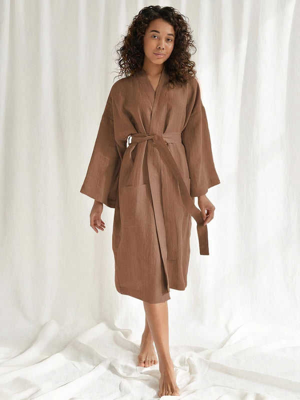 Robe de Chambre Double Poches à Manches Amples en Coton pour Femme "Marron" | Pyjama Shop