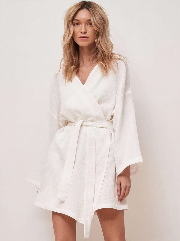 Robe de chambre pour femme en lin mélangé "Blanc" | Pyjama Shop
