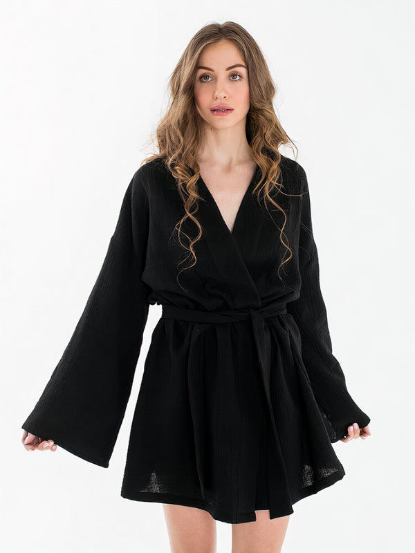 Robe de Chambre Femme Kimono Ceinturée "Noir" | Pyjama Shop