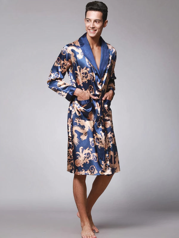 Robe de Chambre en Satin pour Homme Imprimé Dragon "Bleu" | Pyjama Shop