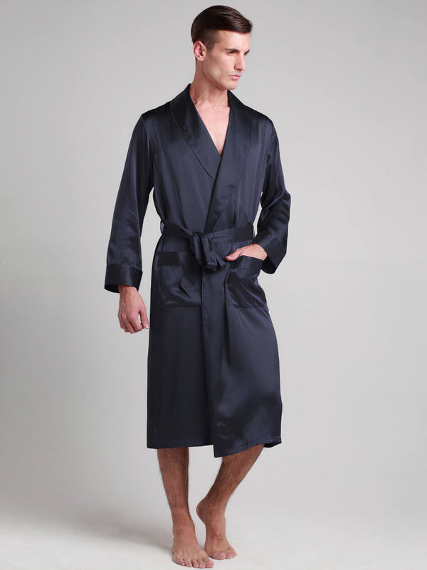 Robe de Chambre en Soie pour Homme Mi-Longue Classique "Bleu Marine"
