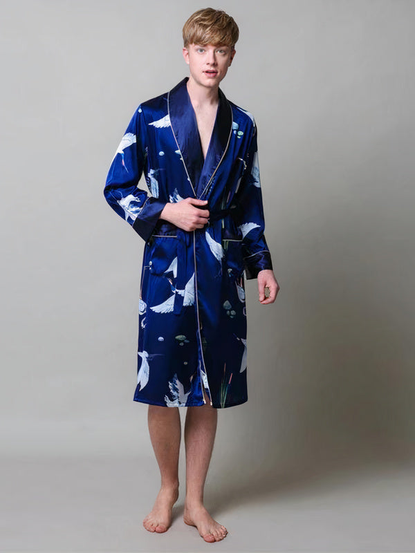 Robe de Chambre en Satin pour Homme Imprimé Cigogne "Bleu Marine" | Pyjama Shop