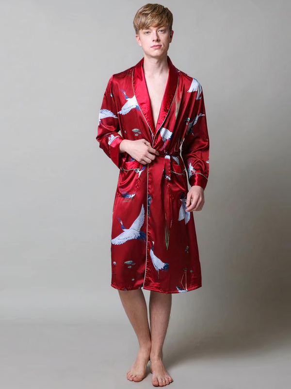 Robe de Chambre en Satin pour Homme Imprimé Cigogne "Rouge" | Pyjama Shop