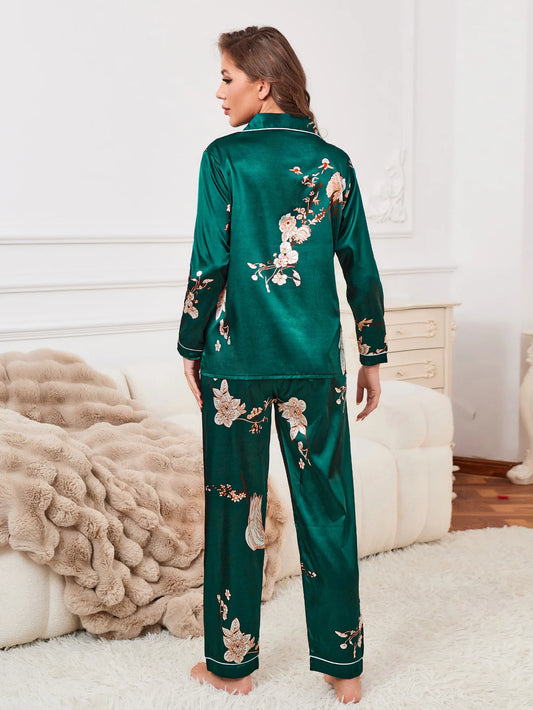 Pyjama En Satin Fleuri Pour Femme "Jardin Émeraude"