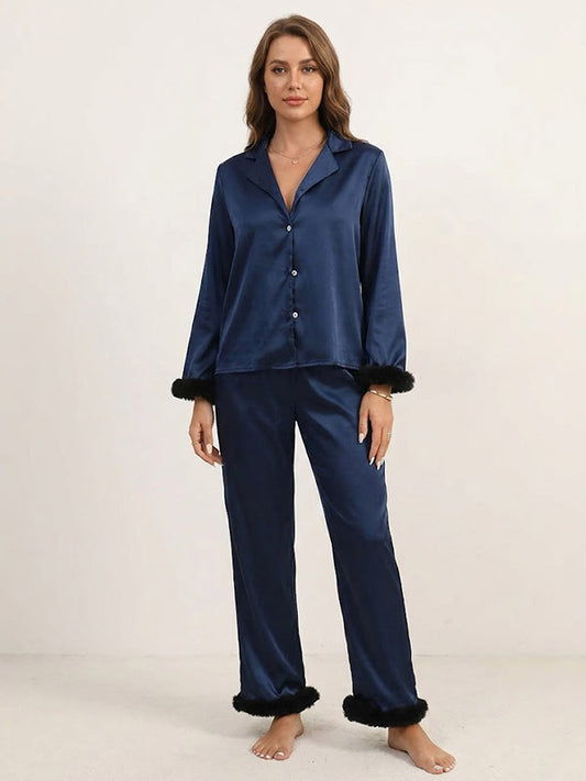 Pyjama Bleu Marine Pour Femme En Satin "Rêverie Nocturne" | Pyjama Shop