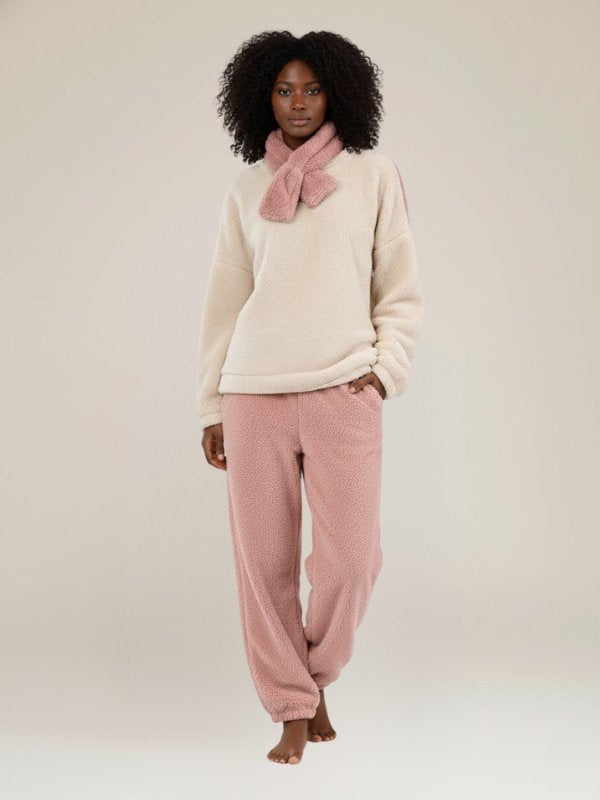 Pyjama En Polaire Pour Femme Crème et Rose "Flocon de Douceur" | Pyjama Shop