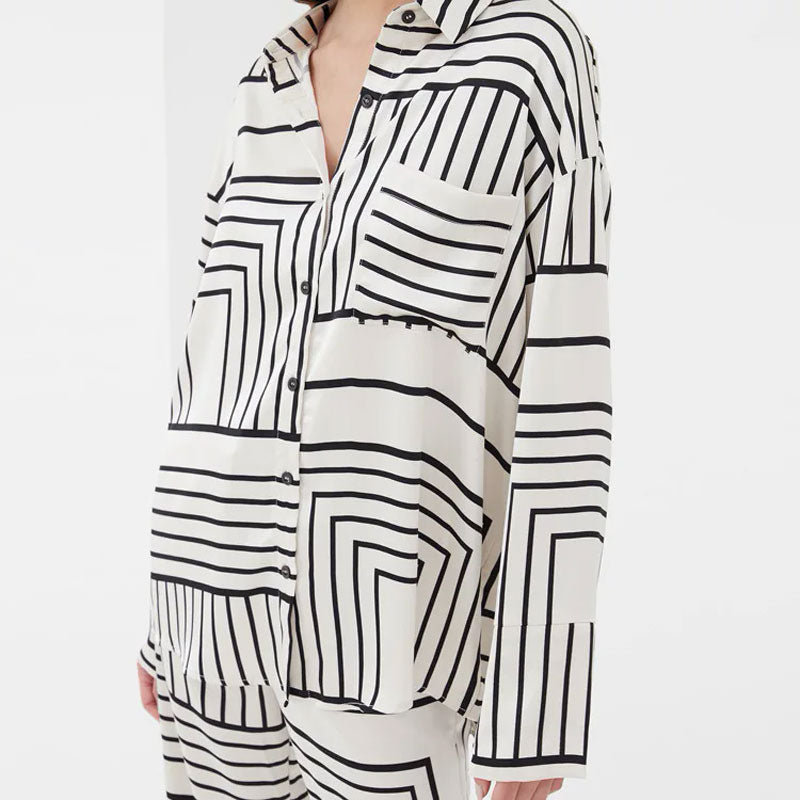 Pyjama Femme en Satin à Imprimé Géométrique "Blanc" | Pyjama Shop