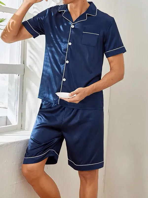 Pyjama Homme En Satin Imprimé Noël - 2 Pièces (tee Manches Courtes + Short) - Léger Et Doux - Pour Soirées Ou Détente