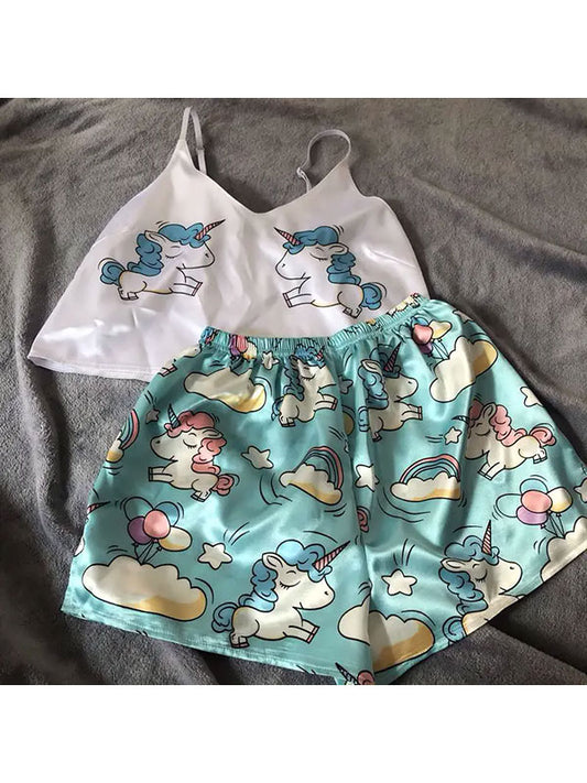 Pyjama en Satin pour Femme "Licorne Bleu"