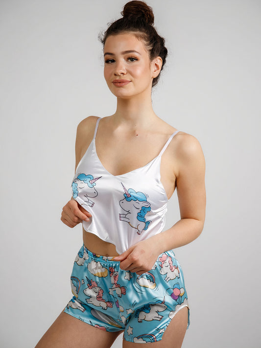Pyjama en Satin pour Femme "Licorne Bleu"