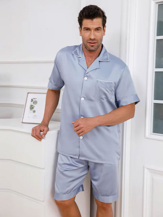 Pyjama Short Pour Homme En Satin Bleu Ciel "Calme Nocturne" | Pyjama Shop