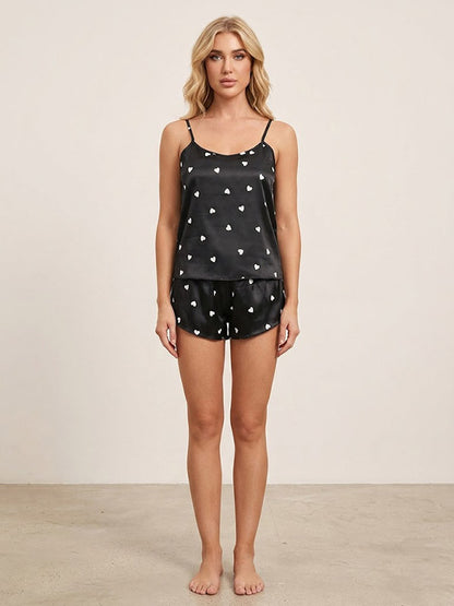 Pyjama Short En Satin Noir à Cœur Blanc Pour Femme | Pyjama Shop​