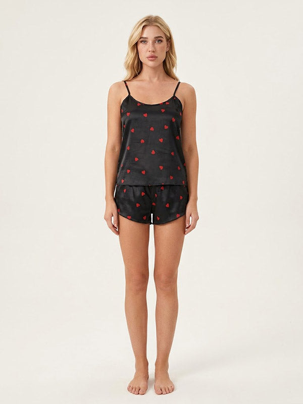 Pyjama En Satin Noir à Cœur Rouge Pour Femme "Étreinte de Rêve" | Pyjama Shop​