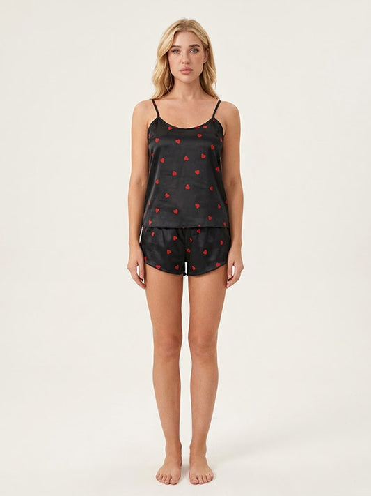 Pyjama En Satin Noir à Cœur Rouge Pour Femme "Étreinte de Rêve" | Pyjama Shop​