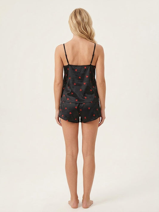 Pyjama En Satin Noir à Cœur Rouge Pour Femme "Étreinte de Rêve" | Pyjama Shop​