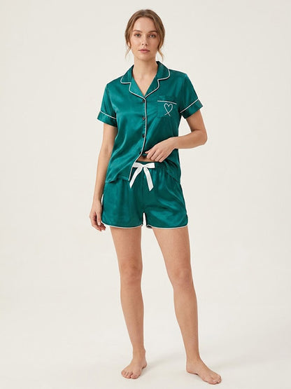 Pyjama Short En Satin Vert Émeraude Pour Femme "Douce Emeraude" | Pyjama Shop​