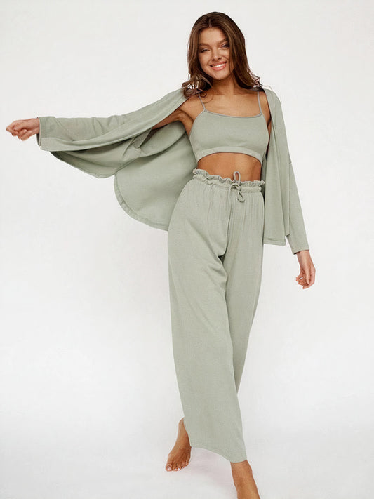 Ensemble Pyjama 3 Pièces Gilet + Brassière + Pantalon "Vert Léger" | Pyjama Shop