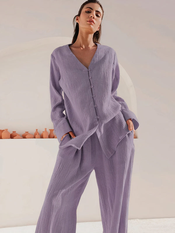 Bresdk Ensembles de Pyjama Femme Coton Pyjama Hiver Vêtements de Nuit à  Manches Longues Costume de Maison rayée à Col Rond Chaud et Doux