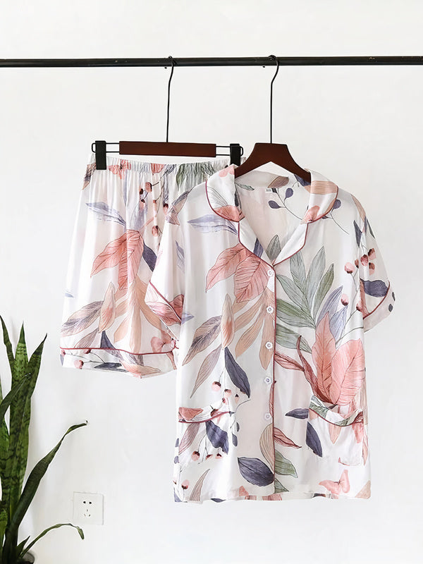 Pyjama Viscose Chemise + Short "Feuillage Rose" | Pyjama Shop