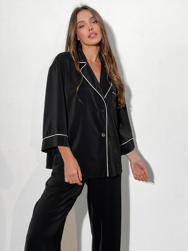 Pyjama en Satin pour Femme Liseré Contrastant "Noir" | Pyjama Shop