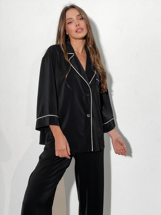 Pyjama en Satin pour Femme Liseré Contrastant "Noir" | Pyjama Shop