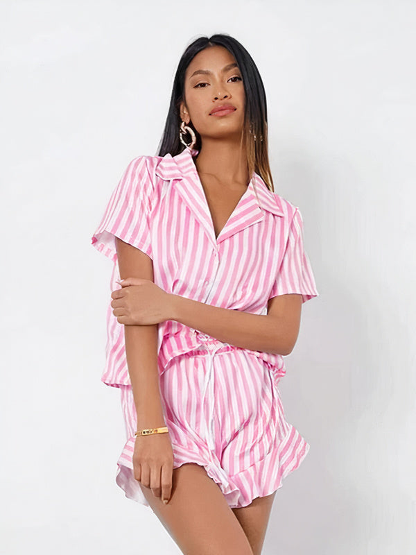 Pyjama deux pièces en Satin Chemise + Short pour Femme à Rayures "Rose" | Pyjama Shop