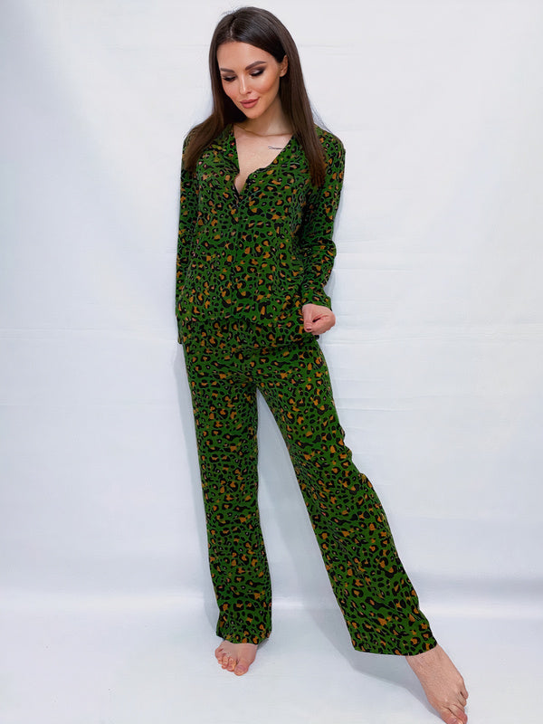Pyjama en Satin pour Femme Vert imprimé "Léopard" | Pyjama Shop