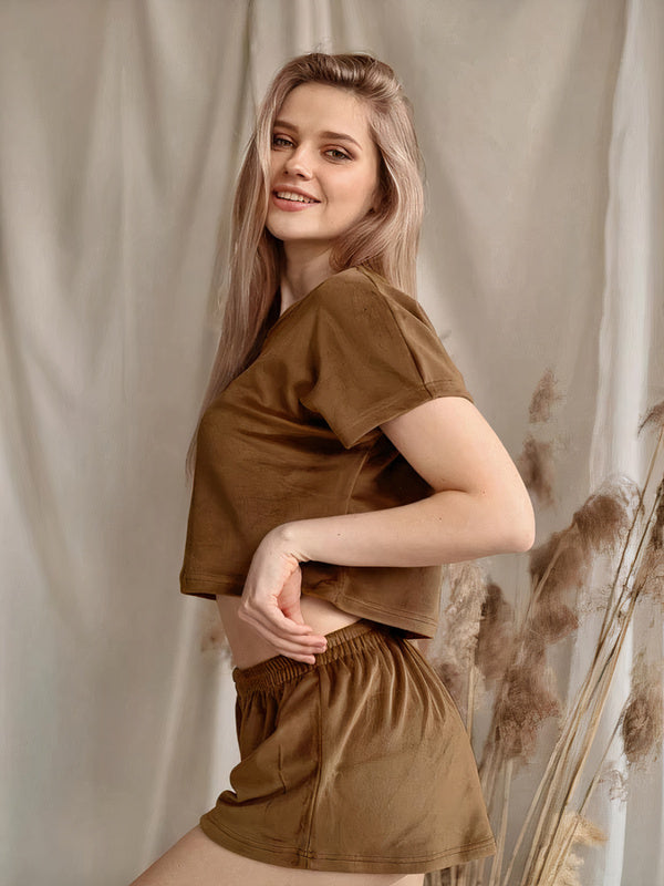Pyjama deux pièces en Satin T-shirt + Short "Marron" | Pyjama Shop