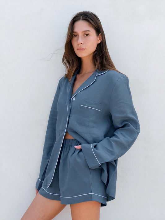Pyjama Gisele avec Passepoil Contraste "Bleu Océan" | Pyjama Shop