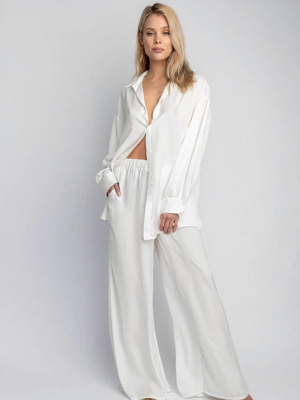 Pyjama Chemise et Pantalon en Satin Côtelé "Blanc" | Pyjama Shop