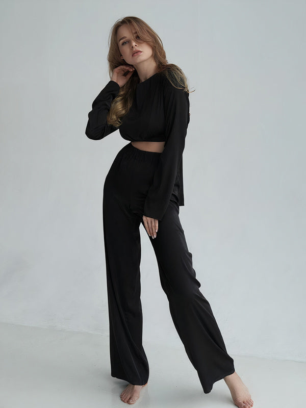 Pyjama Côtelé Crop Top à Manches Longues & Pantalon Large "Noir" | Pyjama Shop