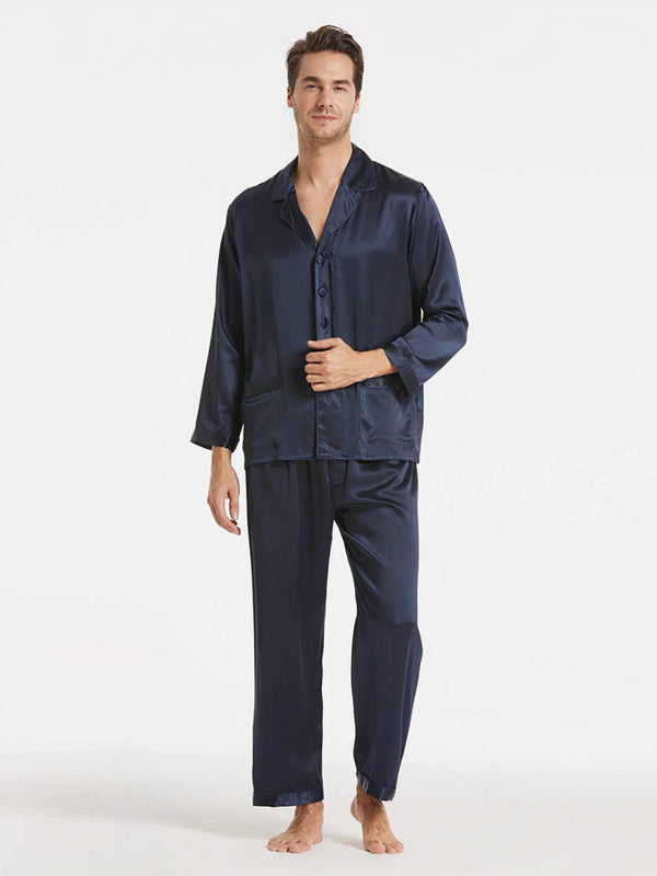 Suite De Pyjama Longue En Soie Classique Pour Homme "Bleu Marine" | Pyjama Shop