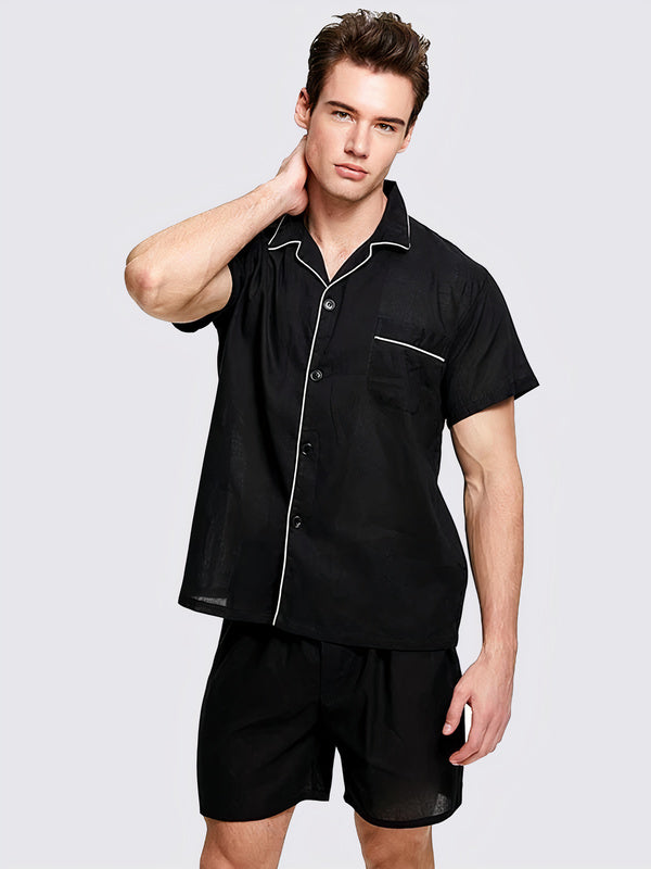 Pyjama en Col à Revers Chemise + Short pour Homme "Noir" | Pyjama Shop