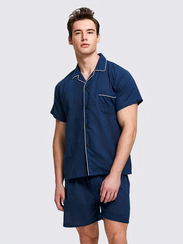 Pyjama en Col à Revers Chemise + Short pour Homme "Bleu Marine" | Pyjama Shop