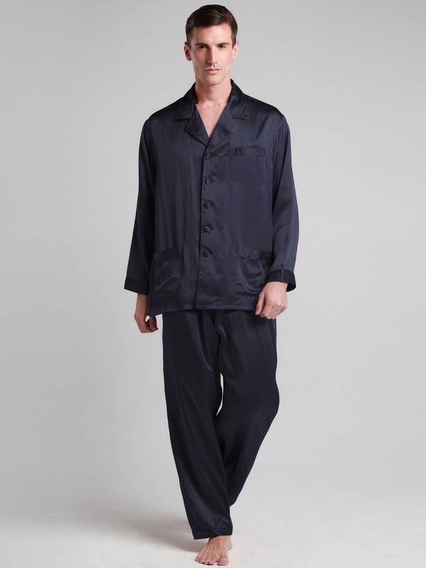 Pyjama en Soie pour Homme Longue Bordure Contraste "Bleu Marine" | Pyjama Shop