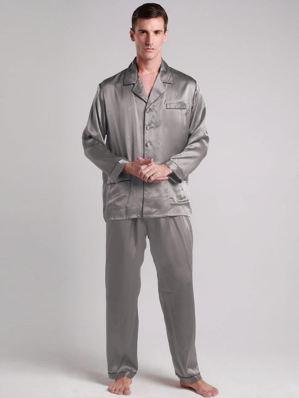 Pyjama en Soie pour Homme Longue Bordure Contraste "Gris" | Pyjama Shop