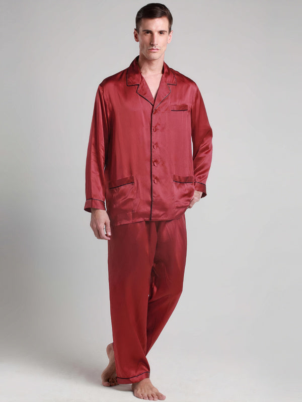 Pyjama en Soie pour Homme Longue Bordure Contraste "Rouge" | Pyjama Shop