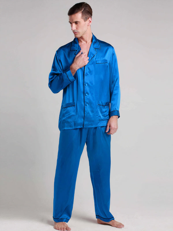 Pyjama en Soie pour Homme Longue Bordure Contraste "Bleu Diamant" | Pyjama Shop