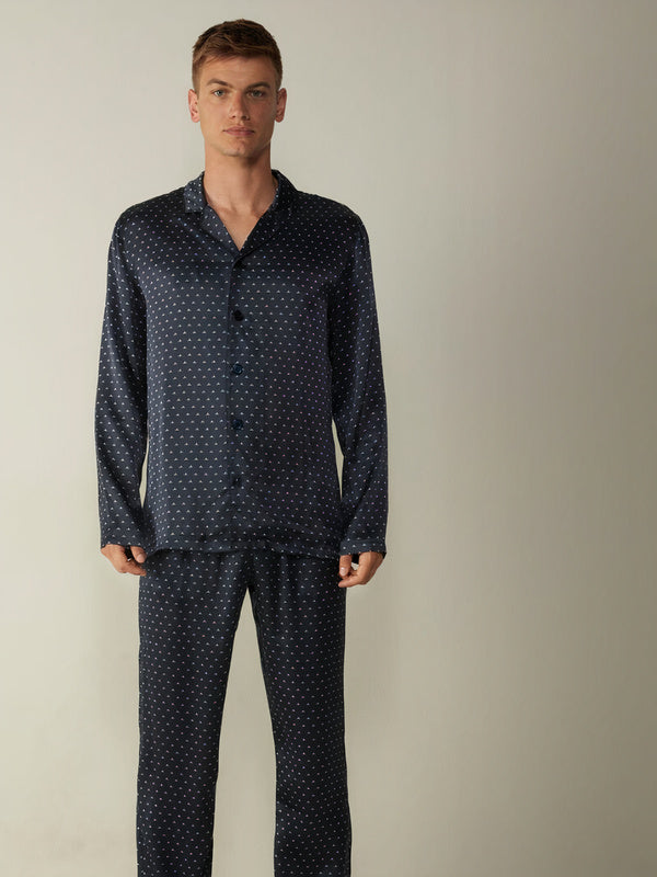 Pyjama en Satin Imprimé Lys pour Homme "Bleu Marine" | Pyjama Shop