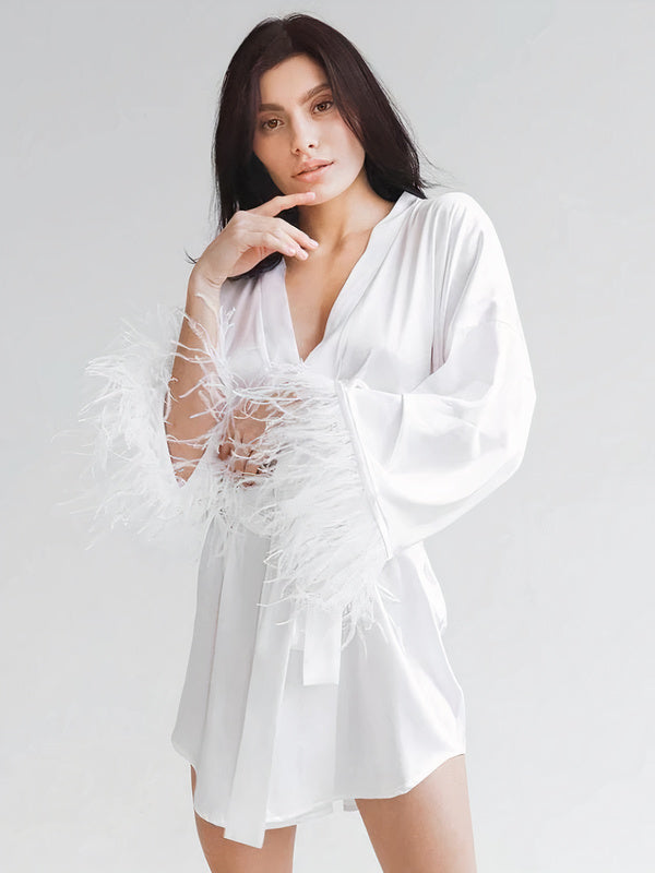 Robe de Chambre en Satin pour Femme "Plumes" | Pyjama Shop
