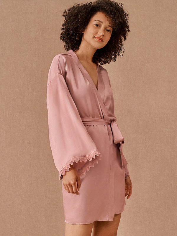 Robe de Chambre Manches Amples en Satin pour Femme "Kimono Rose" | Pyjama Shop